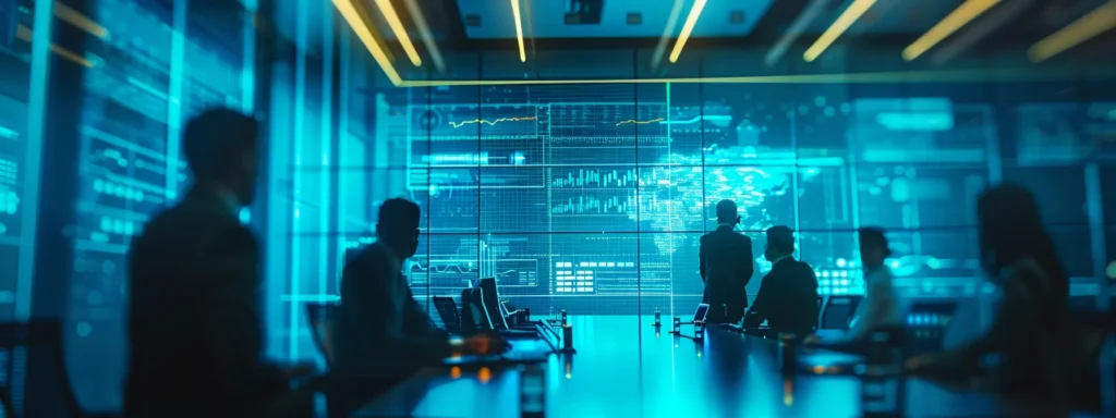 a sleek, modern conference room illuminated by sharp led lights, featuring a large digital screen displaying dynamic data analytics, embodies innovation and collaboration in a corporate environment.