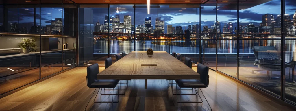 a sleek, modern conference room features a large, polished wooden table surrounded by ergonomic chairs, illuminated by strategically placed overhead lights reflecting off a glass wall that showcases an inspiring city skyline.