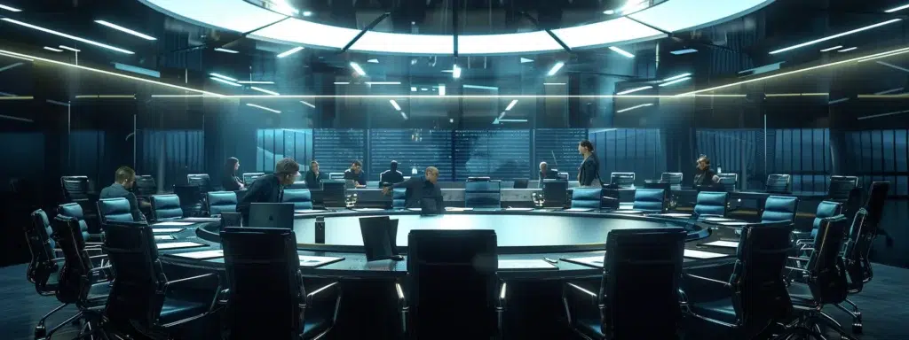 a sleek, modern office conference room is illuminated by bright overhead lights, showcasing a large round table surrounded by high-backed chairs, where diverse professionals engage in intense discussion over digital devices and vibrant presentation materials.