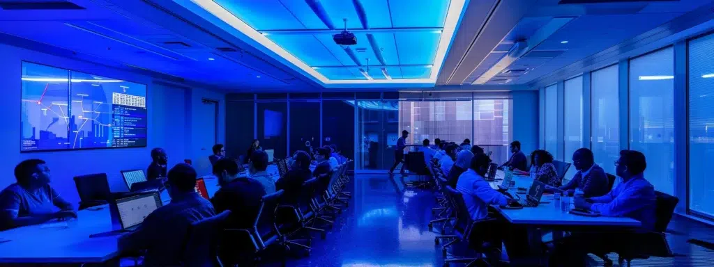 a sleek, modern office conference room illuminated by dynamic overhead lighting showcases a diverse group of professionals engaged in a compelling discussion around a high-tech digital display.