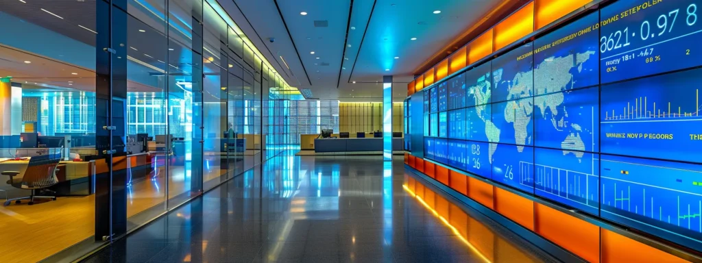 a sleek, modern office environment features a vibrant digital screen displaying dynamic data analytics, conveying the pulse of a fast-paced business world with sharp lines and bold colors.