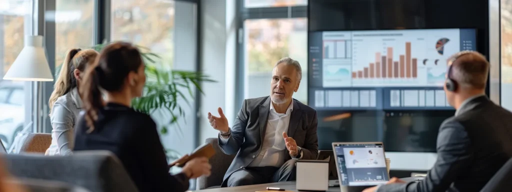 a sleek, modern office setting features a diverse group of professionals engaged in a productive discussion, surrounded by charts and data highlighting the cost-effectiveness of intensive outpatient programs for mental health treatment.