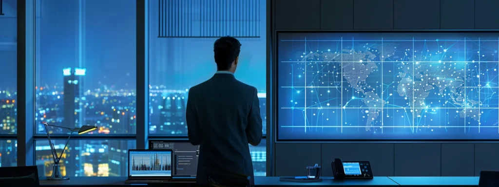 a sleek, modern office space features a sharply dressed professional intently analyzing data on a large digital screen, illuminated by the soft glow of ambient led lighting, conveying a sense of focus and innovation.