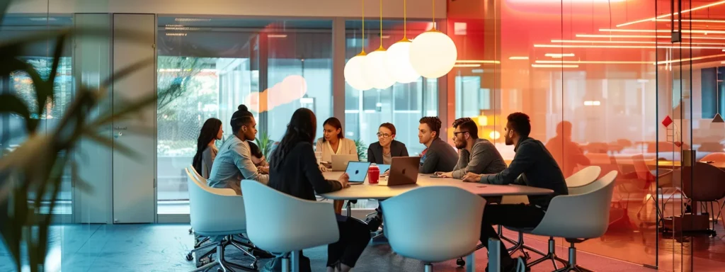 a sleek, modern office space showcases a diverse group of professionals engaged in a dynamic brainstorming session around a futuristic meeting table illuminated by vibrant overhead lights, emphasizing collaboration and innovation.