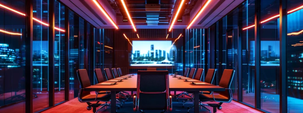 a sleek, modern office space illuminated by vibrant overhead lights showcases a high-tech conference table surrounded by ergonomic chairs, focusing on a digital presentation projected onto a large screen.