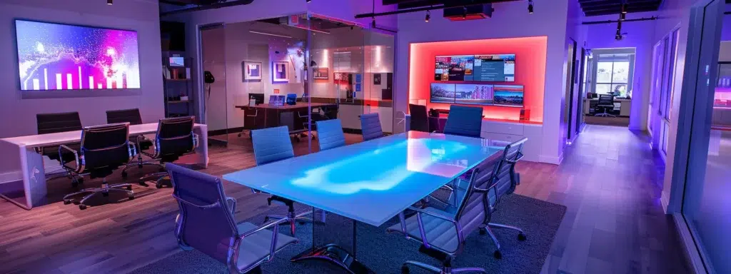 a sleek, modern office space features a sophisticated glass conference table surrounded by stylish ergonomic chairs, illuminated by ambient led lighting that enhances the professional atmosphere.