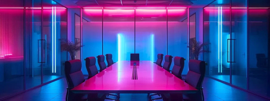 therapist in florida, a sleek, modern office space features a large conference table surrounded by high-backed chairs, illuminated by vibrant, overhead led lights, creating a professional and inviting atmosphere for collaboration.