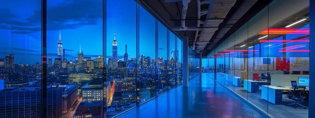 a sleek, modern office space featuring a panoramic view of a bustling urban skyline, illuminated by vibrant city lights reflecting in the glass walls, conveys a dynamic atmosphere of innovation and productivity.