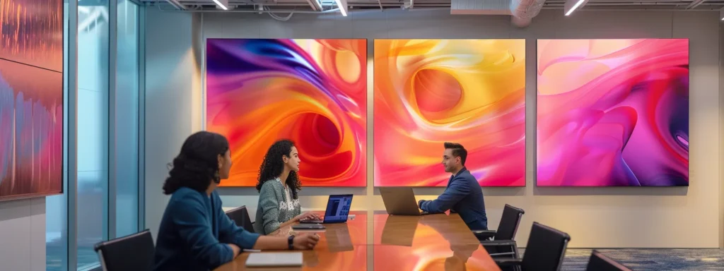a sleek, modern office space filled with vibrant, motivational artwork on the walls, featuring a dynamic team engaged in animated discussion around a polished conference table under bright, artificial lighting.