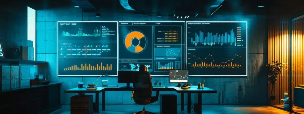 a sleek, modern office workspace is illuminated by warm, ambient lighting, showcasing an impressive digital dashboard displaying vibrant graphs and analytics against a backdrop of minimalist decor, symbolizing progress and innovation in the business world.