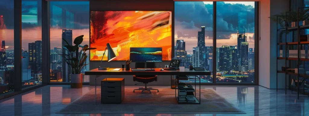 a sleek, modern office workspace is illuminated by warm artificial lighting, featuring a minimalist desk with a high-tech computer setup, a vibrant abstract art piece on the wall, and a large window showcasing a dynamic city skyline.
