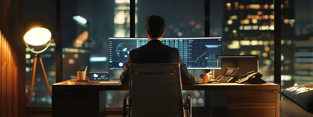 a sleek, modern office workspace features a polished wooden desk adorned with high-tech gadgets, where a focused professional interacts with a large digital display, illuminated by the soft glow of ambient lighting.