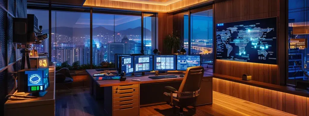 a sleek, modern office workspace is illuminated by dynamic led lights, showcasing a high-tech desk setup with multiple monitors displaying data analytics, emphasizing a theme of innovation and productivity.