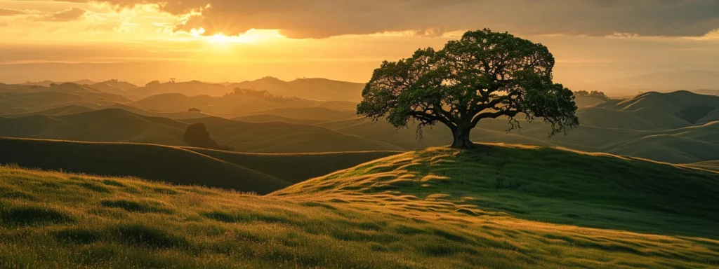 a vibrant sunset casts a golden glow over rolling hills, illuminating a solitary, majestic tree standing proudly at the crest with its leaves rustling gently in the evening breeze.