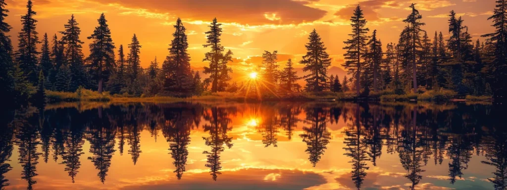 a vibrant sunset casts a warm golden glow over a tranquil lake, with silhouette of tall pine trees reflected on the water's surface, creating an atmosphere of serene beauty and natural harmony.