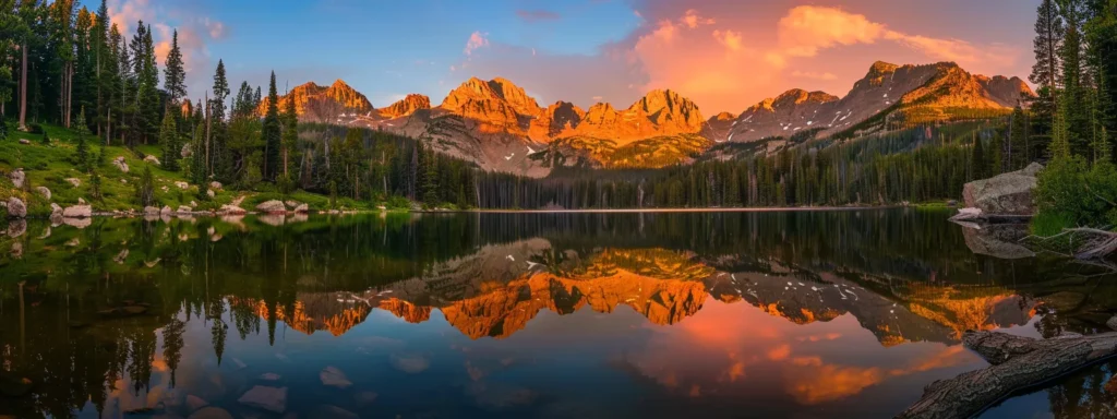 a vibrant sunset casts a golden hue over a serene lake, with majestic mountains reflected in the tranquil waters, creating a breathtaking and peaceful landscape.