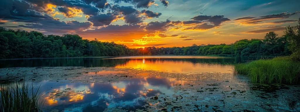 a vibrant sunset casts a golden glow over a serene lake, reflecting the colorful sky and surrounded by lush, green trees.