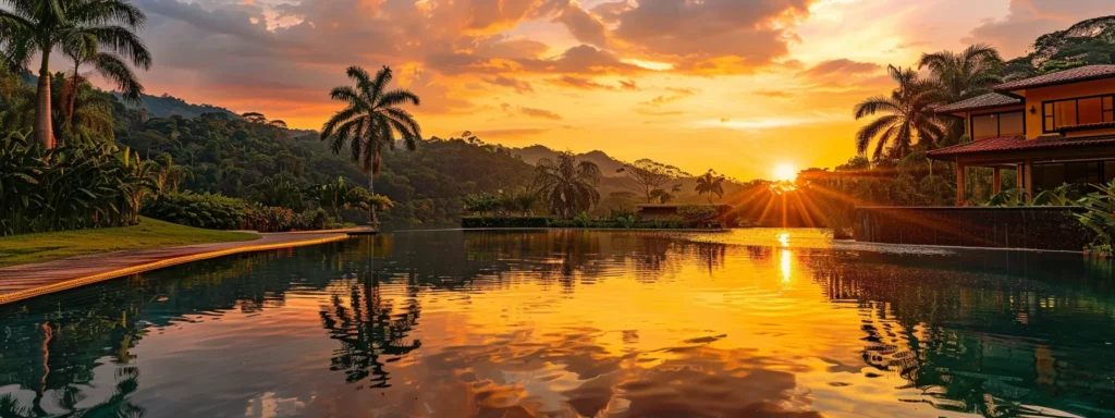 a vibrant sunset casts a warm golden glow over a serene lake, reflecting the rich colors of the sky and surrounded by lush, green trees.