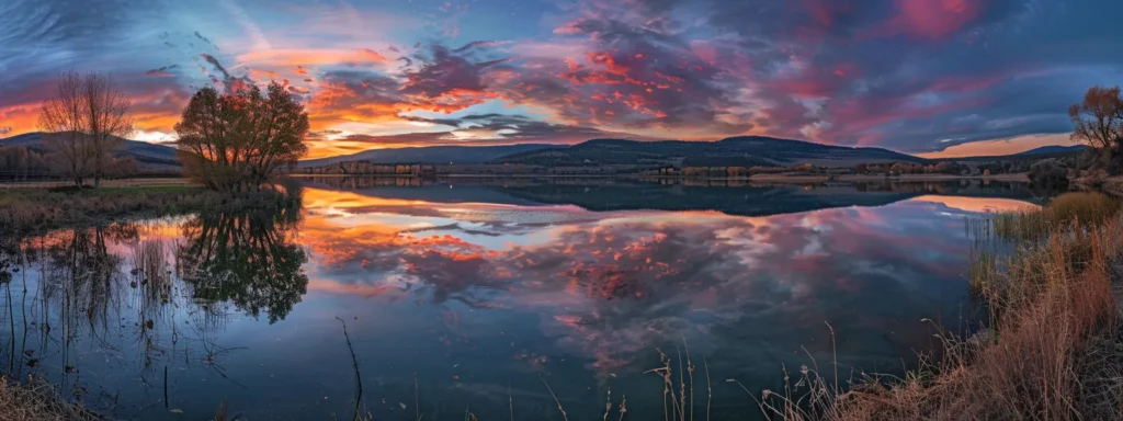 a vibrant sunset casts a warm glow over a tranquil lake, where towering mountains reflect perfectly on the still water's surface, creating a breathtaking panorama of nature's splendor.