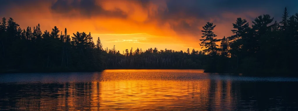 a vibrant sunset casts golden hues over a tranquil lake, while silhouettes of tall pine trees frame the horizon, creating a serene and picturesque landscape.