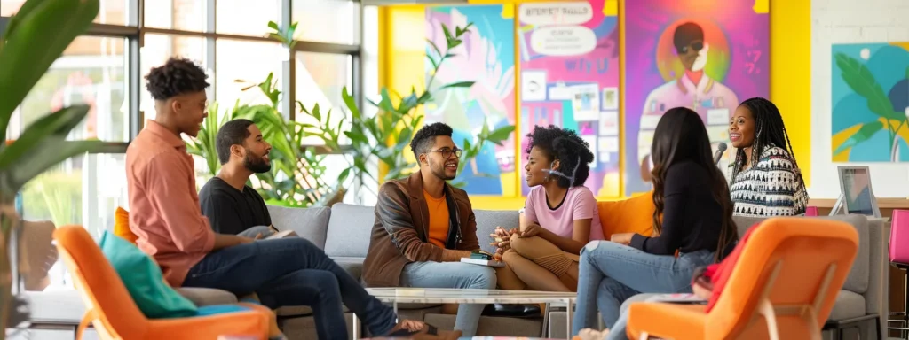 a vibrant urban office setting showcases a diverse group of individuals engaged in a collaborative discussion, surrounded by motivational posters and bright decor that reflect their transformative journeys through intensive outpatient programs.