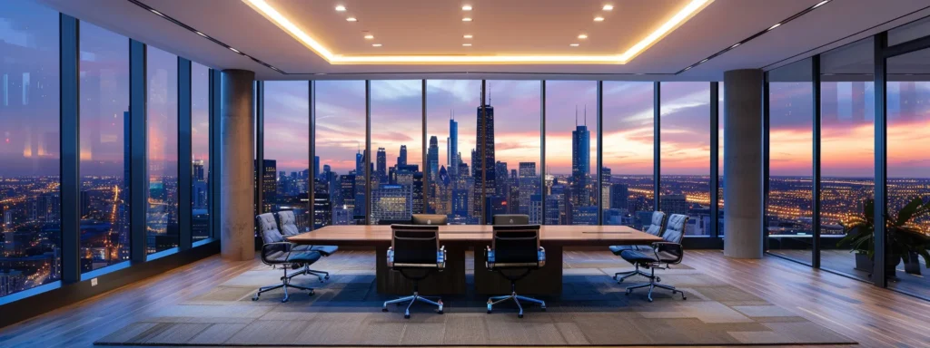 an elegant, modern office space radiates professionalism, featuring a sleek conference table, high-backed chairs, and a wall of large windows that showcase a bustling city skyline, all illuminated by warm, ambient lighting.