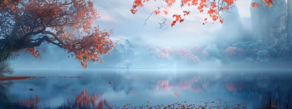 a serene lakeside at dawn, with mist softly rising from the water's surface and vibrant autumn leaves reflecting in the tranquil, glassy lake.