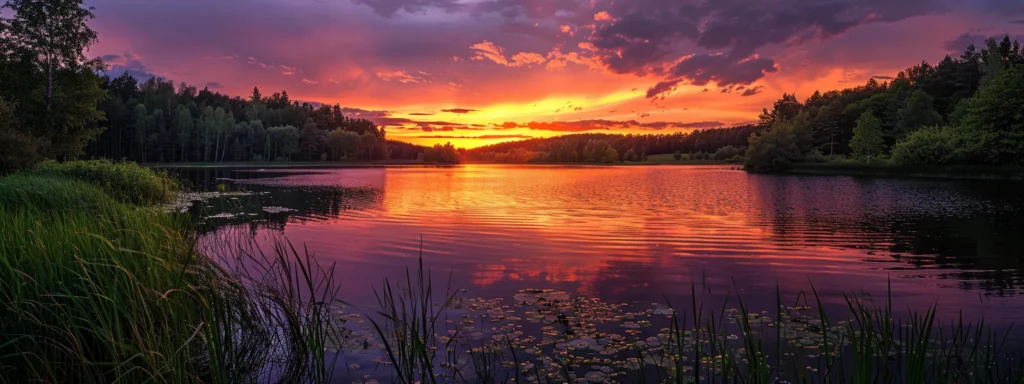 a vibrant sunset paints the sky in hues of orange and purple, casting a warm glow over a tranquil lake surrounded by lush greenery, creating a serene and picturesque landscape.