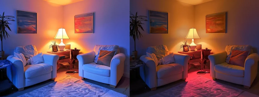 a cozy counseling office with warm, ambient lighting, featuring large comfortable chairs and soothing artwork on the walls, creating an inviting atmosphere for open dialogue.