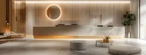 a modern primary care clinic interior, featuring a warm and inviting reception area with sleek furniture and contemporary decor, bustling with healthcare professionals and patients engaged in consultations.