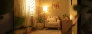 a serene and inviting therapy room, adorned with soft lighting and comfortable furnishings, creates a welcoming atmosphere for individuals seeking mental health support.