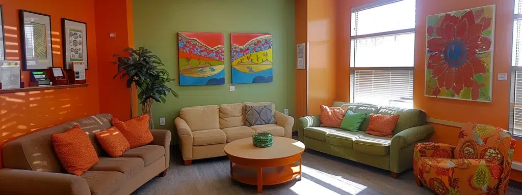a serene mental health clinic interior featuring warm, inviting colors, plush seating arranged thoughtfully around a coffee table, and calming artwork on the walls, creating an atmosphere of comfort and openness for therapy sessions.