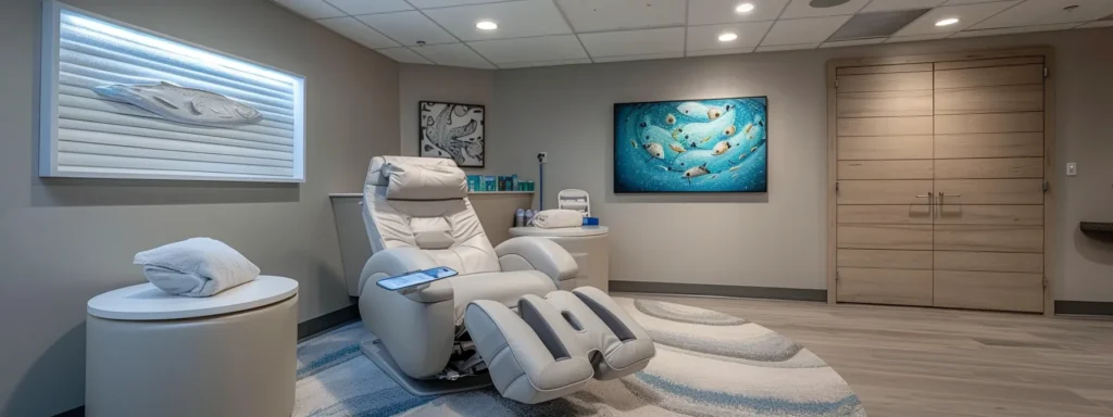 a serene therapy room featuring a plush recliner, soothing artwork on the walls, and soft ambient lighting, designed to evoke a sense of calm and support in a rehabilitation setting.