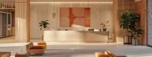 a modern primary care clinic interior showcases a sleek reception area, featuring warm hues, comfortable seating, and health-focused artwork, embodying a welcoming atmosphere for patients seeking medical attention.