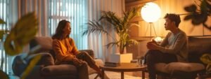 a focused therapist guides a determined individual in a modern, minimalistic therapy office, illuminated by soft, warm lighting, as they engage in a deep discussion about confronting fears through exposure response therapy.