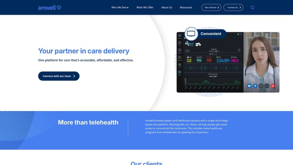 Screenshot of Amwell website homepage