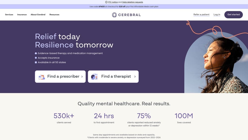 Screenshot of Cerebral website