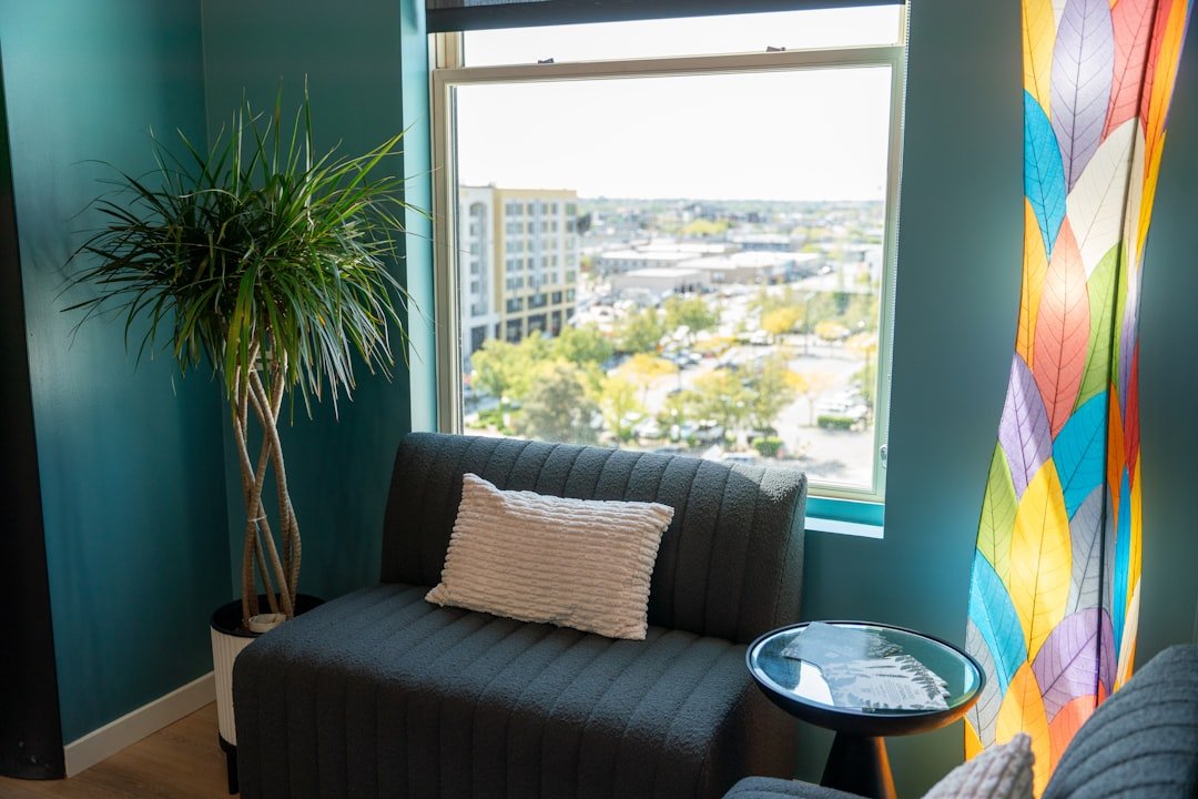 This cozy corner in the Deliberate Directions office features a plush gray chair, a textured pillow, and a bold multicolored leaf lamp. A potted dracaena adds greenery, while the large window offers a wide view of downtown Boise. The space balances comfort and vibrancy, giving guests a moment to pause or reflect between coaching sessions.