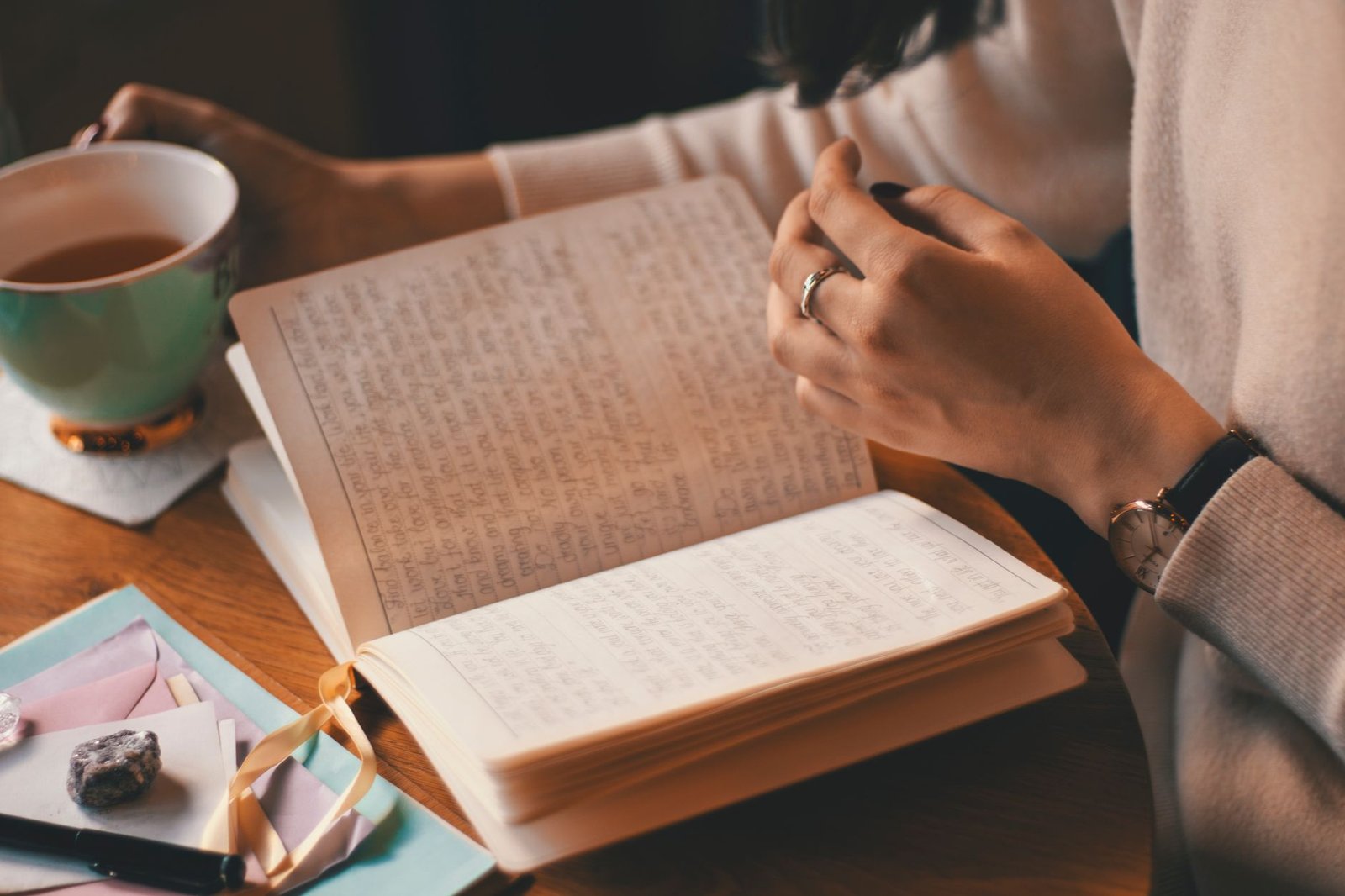 How to Choose a Virtual IOP in Indiana Around Shift Work 8 A woman writes in a journal while enjoying a cup of coffee at a wooden table.