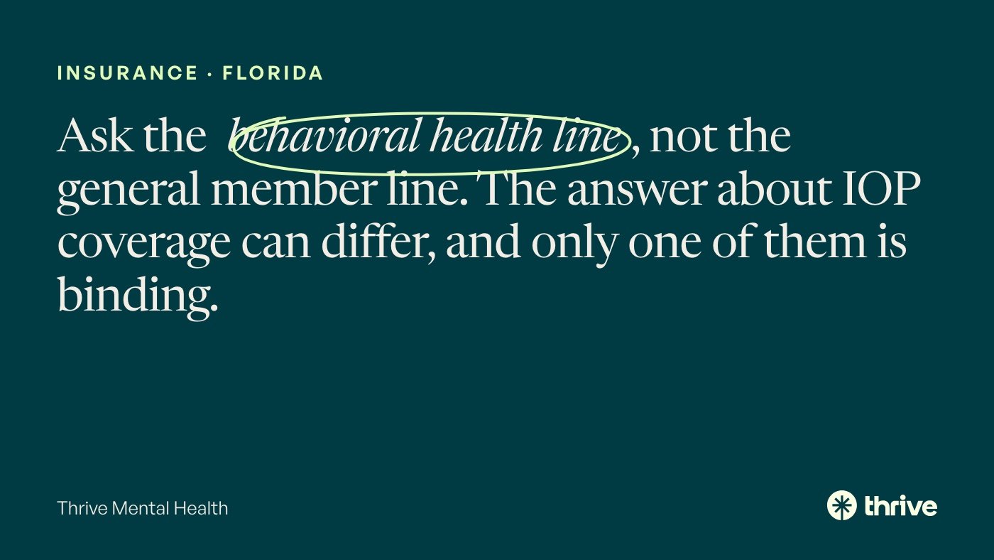 Aetna vs Cigna for Mental Health Coverage in Florida (2026) 1 Insurance · Florida: Ask the behavioral health line, not the general member line. The answer about IOP coverage can differ, and only one of them is binding. Thrive Mental Health.