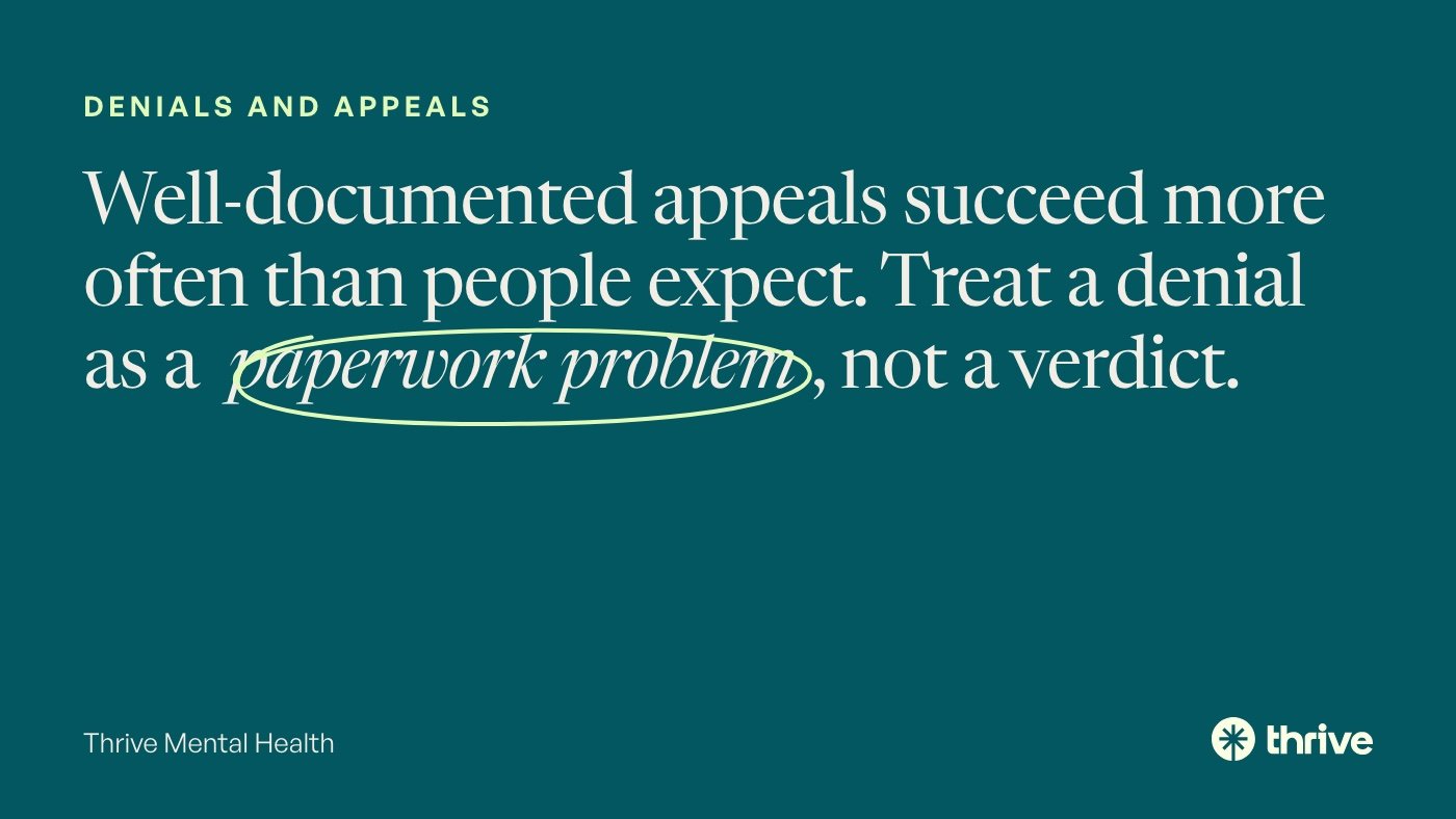 Anthem vs UnitedHealthcare for Mental Health in Indiana (2026) 2 Denials and appeals: Well-documented appeals succeed more often than people expect. Treat a denial as a paperwork problem, not a verdict. Thrive Mental Health.