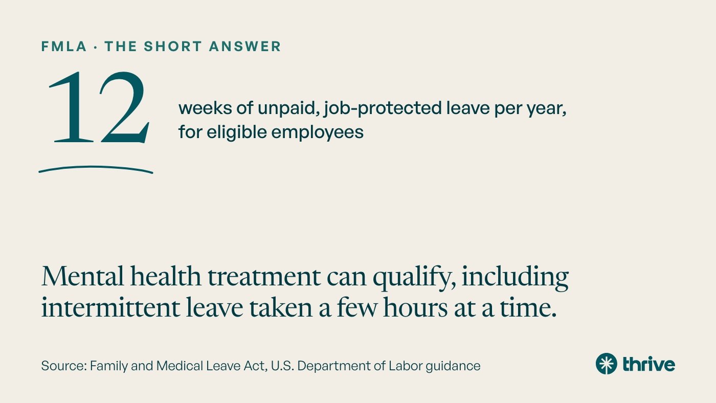 FMLA · the short answer: 12 weeks of unpaid, job-protected leave per year, for eligible employees. Mental health treatment can qualify, including intermittent leave taken a few hours at a time. Source: Family and Medical Leave Act, U.S. Department of Labor guidance.