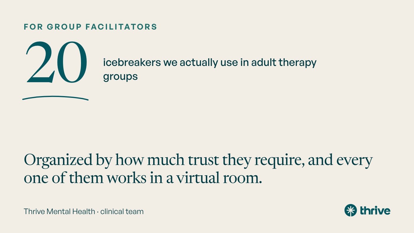 For group facilitators: 20 icebreakers we actually use in adult therapy groups. Organized by how much trust they require, and every one of them works in a virtual room. Thrive Mental Health · clinical team.