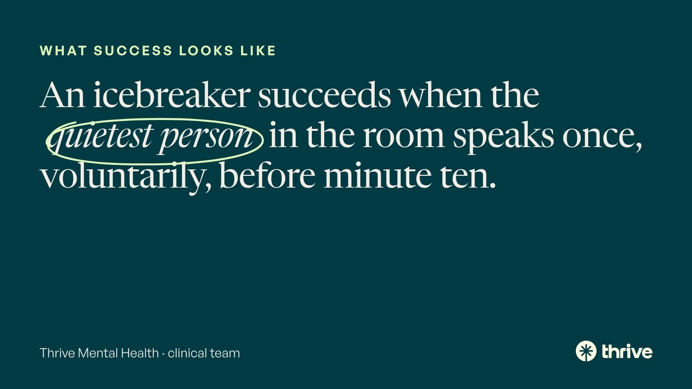 What success looks like: An icebreaker succeeds when the quietest person in the room speaks once, voluntarily, before minute ten. Thrive Mental Health · clinical team.