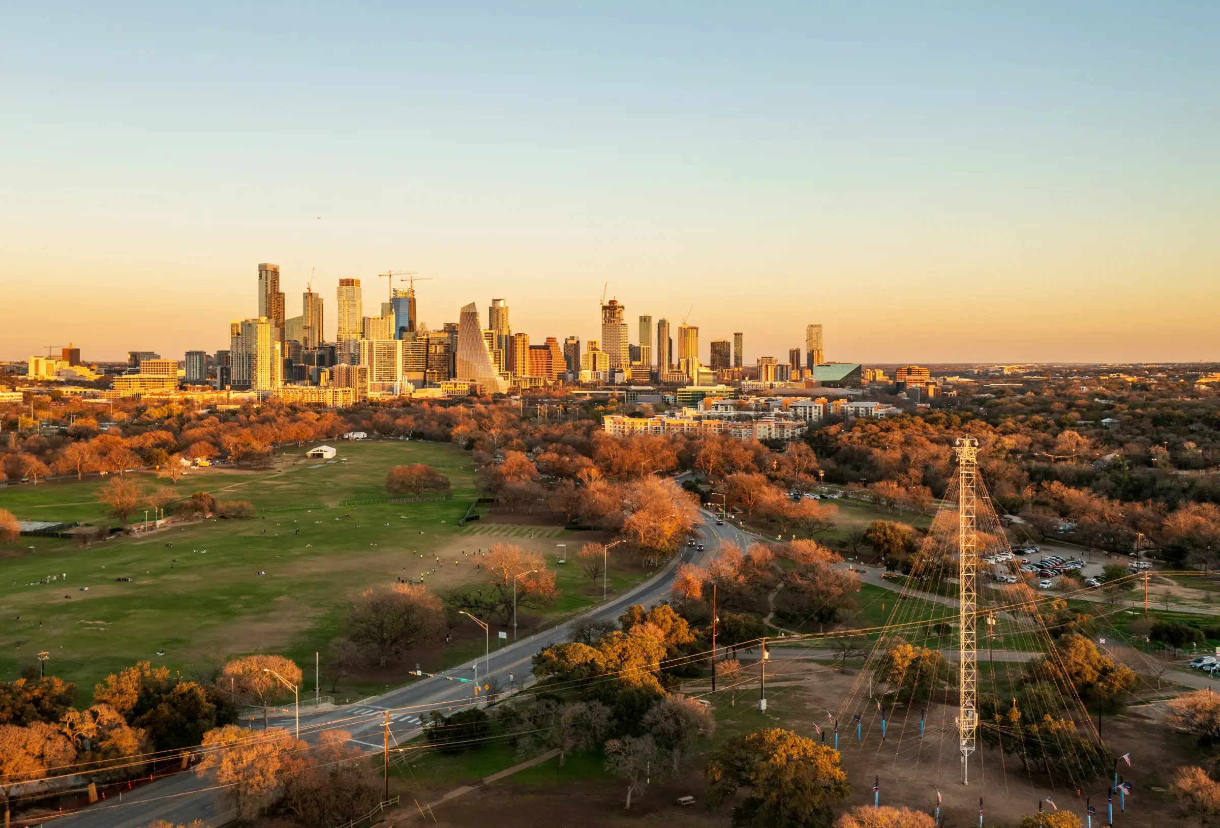 The Austin skyline from Zilker Park at golden hour