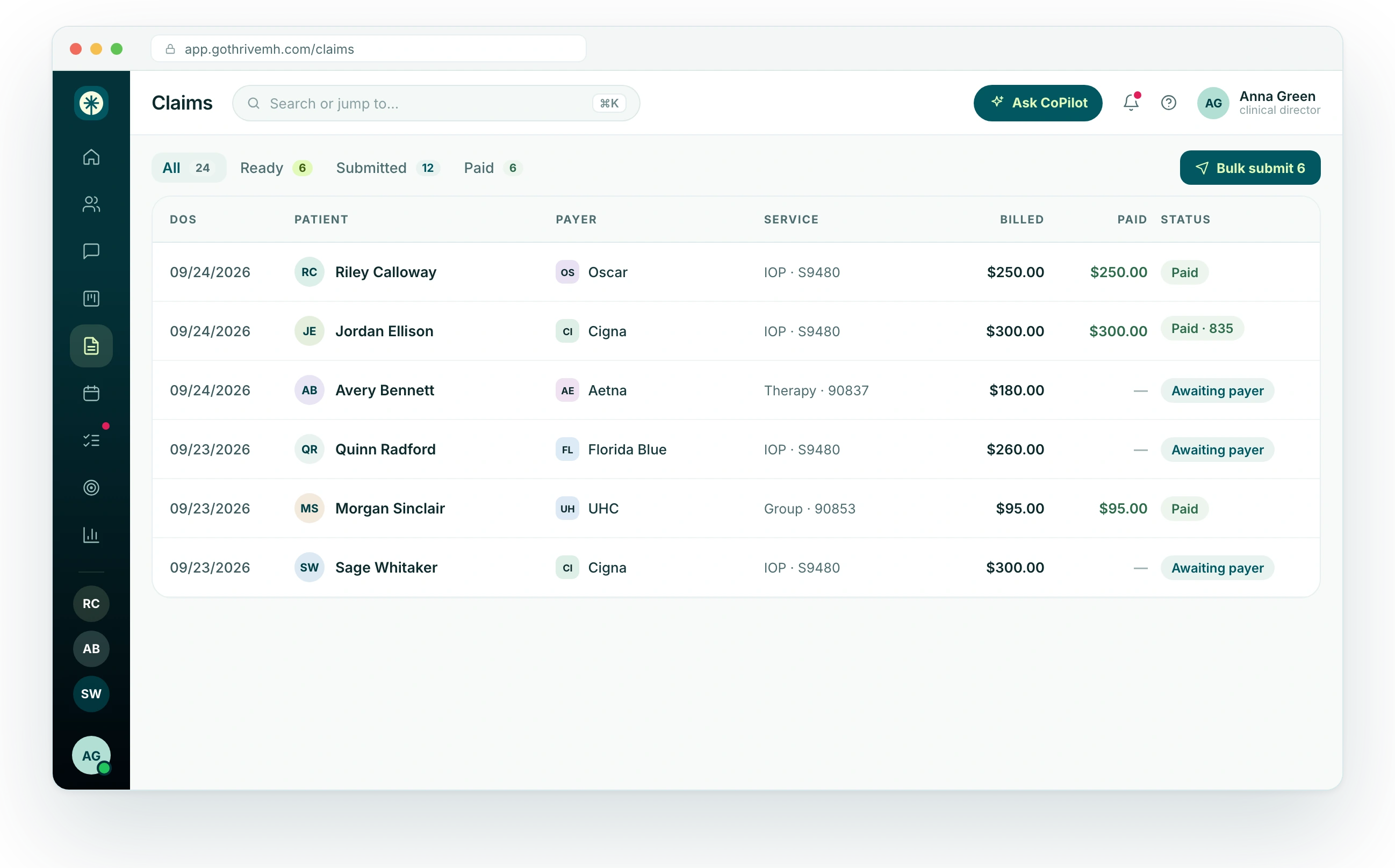 Claims table with paid and awaiting-payer claims and a bulk submit button, sample data