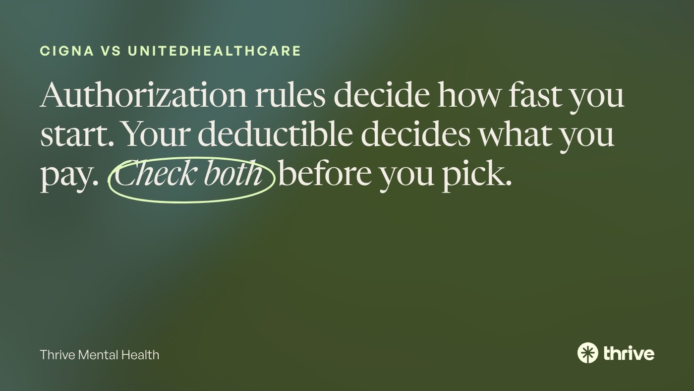 Cigna vs UnitedHealthcare for Mental Health Coverage (2026) 6 Cigna vs UnitedHealthcare: Authorization rules decide how fast you start. Your deductible decides what you pay. Check both before you pick. Thrive Mental Health.
