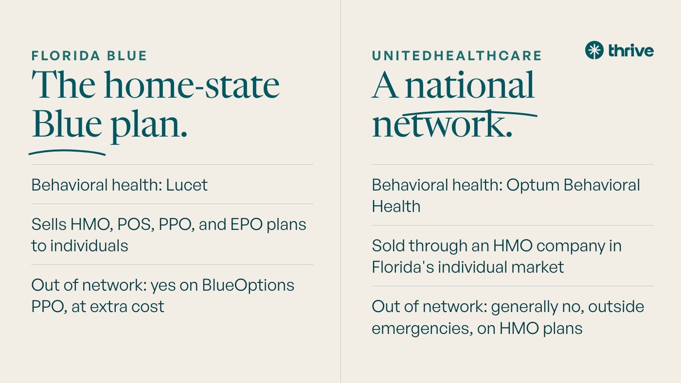 Florida Blue vs UnitedHealthcare for Mental Health in Florida 1 Florida Blue: The home-state Blue plan. Behavioral health: Lucet. Sells HMO, POS, PPO, and EPO plans to individuals. Out of network: yes on BlueOptions PPO, at extra cost. UnitedHealthcare: A national network. Behavioral health: Optum Behavioral Health. Sold through an HMO company in Florida's individual market. Out of network: generally no, outside emergencies, on HMO plans.