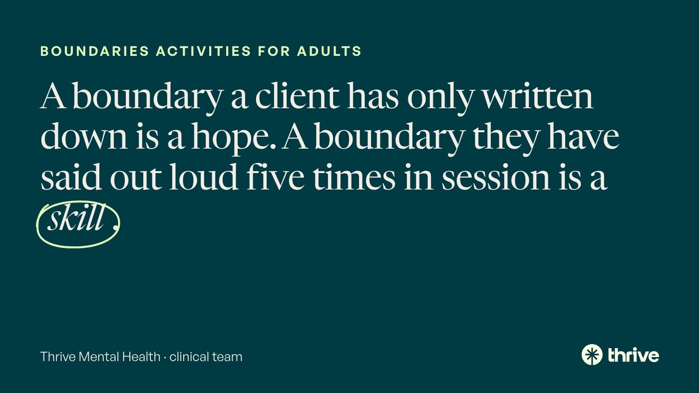 Boundaries activities for adults: A boundary a client has only written down is a hope. A boundary they have said out loud five times in session is a skill. Thrive Mental Health · clinical team.