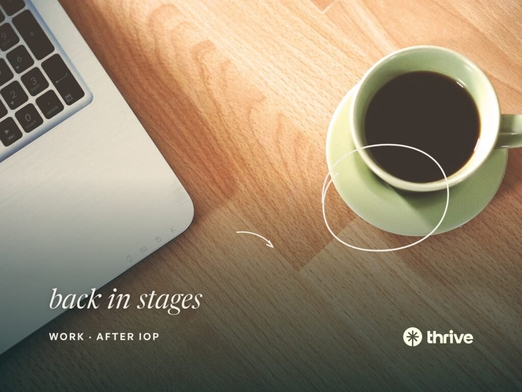 Work · after IOP: back in stages. A cup of coffee beside a laptop on a wooden desk. Thrive.